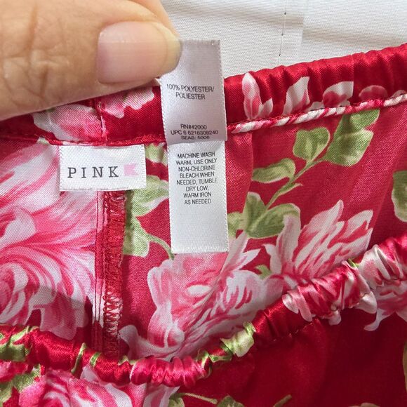 Victoria’s Secret PINK Pajama Set Women’s L Red Floral Satin Ribbon Trim Cozy - Picture 11 of 13